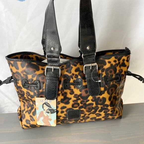 MMS Leopard Print Tote Bag Mobwife VTG Y2K Gold Brown Faux Leather Drawstring - Picture 1 of 10
